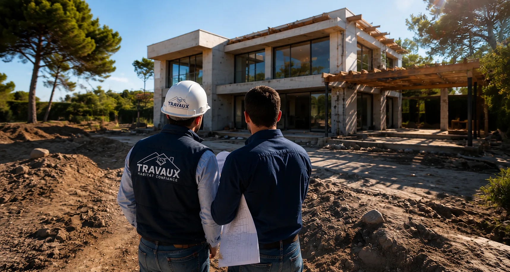 Deux hommes de dos, casque et veste Travaux Habitat Confiance, devant une villa en construction